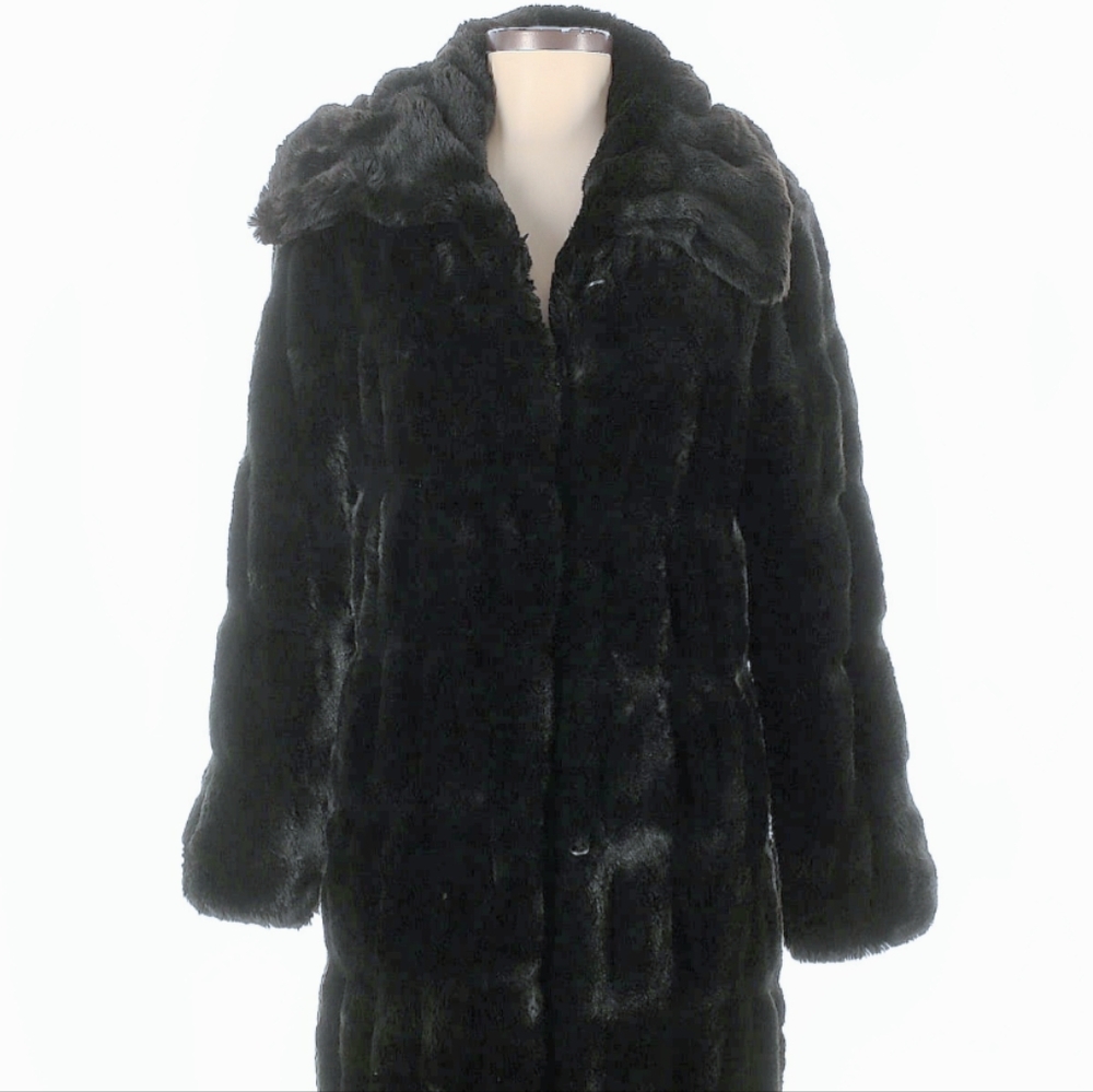 Fabulous Furs Luxe Black Long Faux-Fur Hooded Trench Coat - Picture 4 of 9